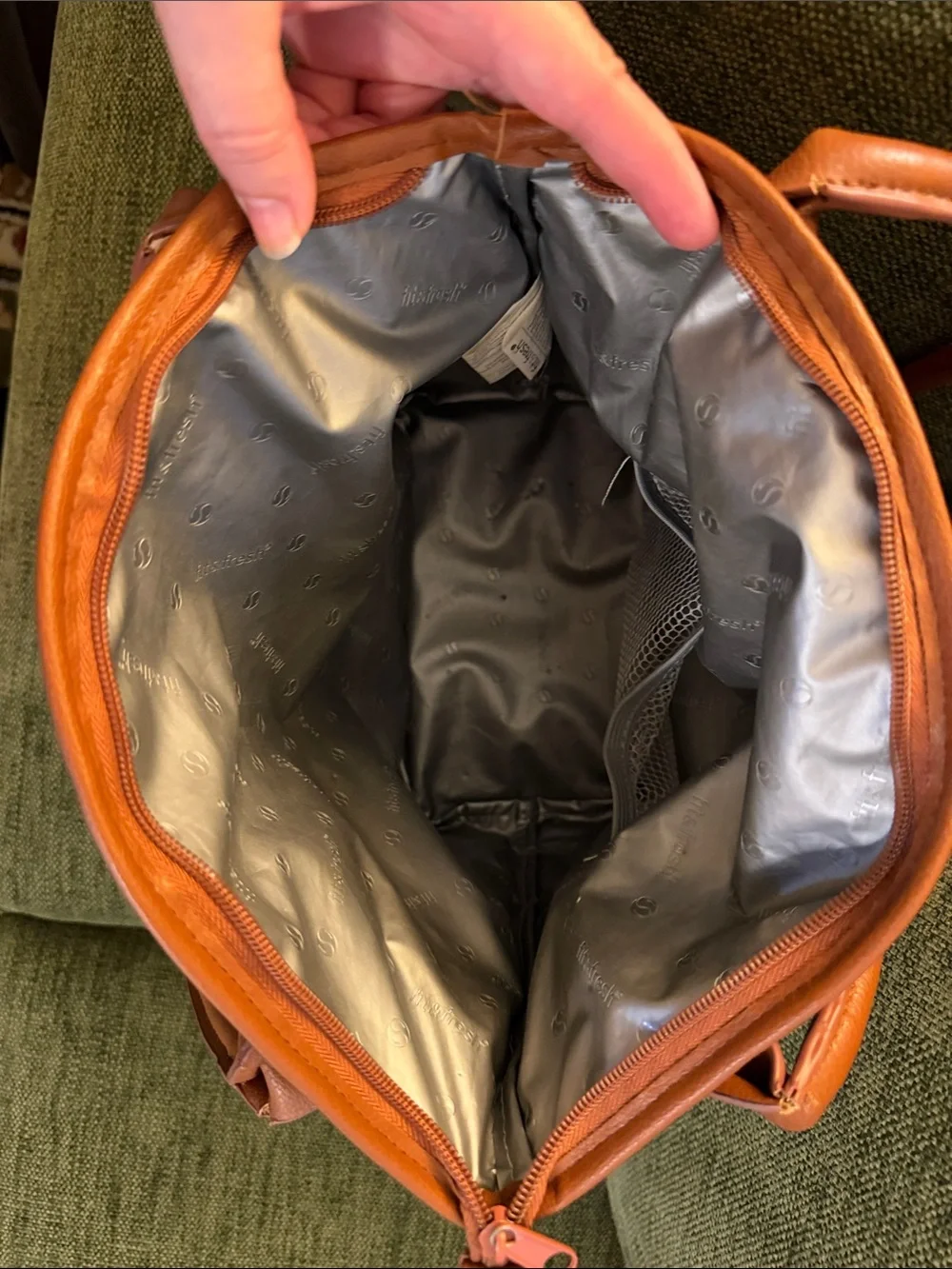 Blue Patterned Insulated Lunch Bag / Tote with Tan Trim
